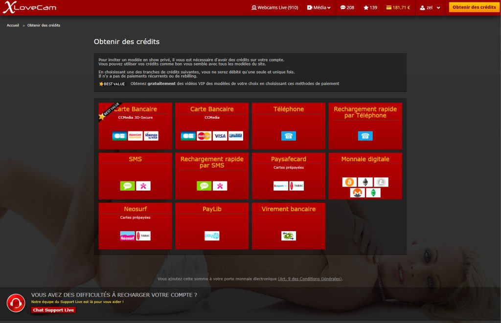 Pages de prise de crédits sur Xlovecam.com pour les utilisateurs français