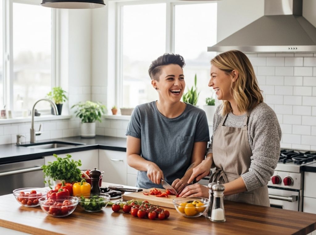 Deux femmes riant en cuisinant ensemble dans une cuisine moderne.