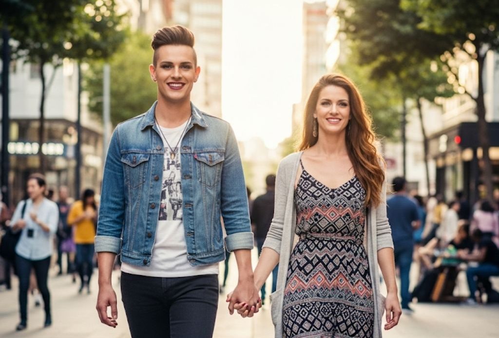 Couple se tenant la main dans une rue animée