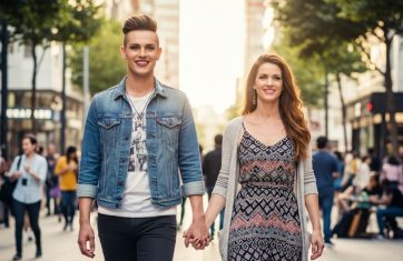 Händchenhaltendes Paar auf einer belebten Straße