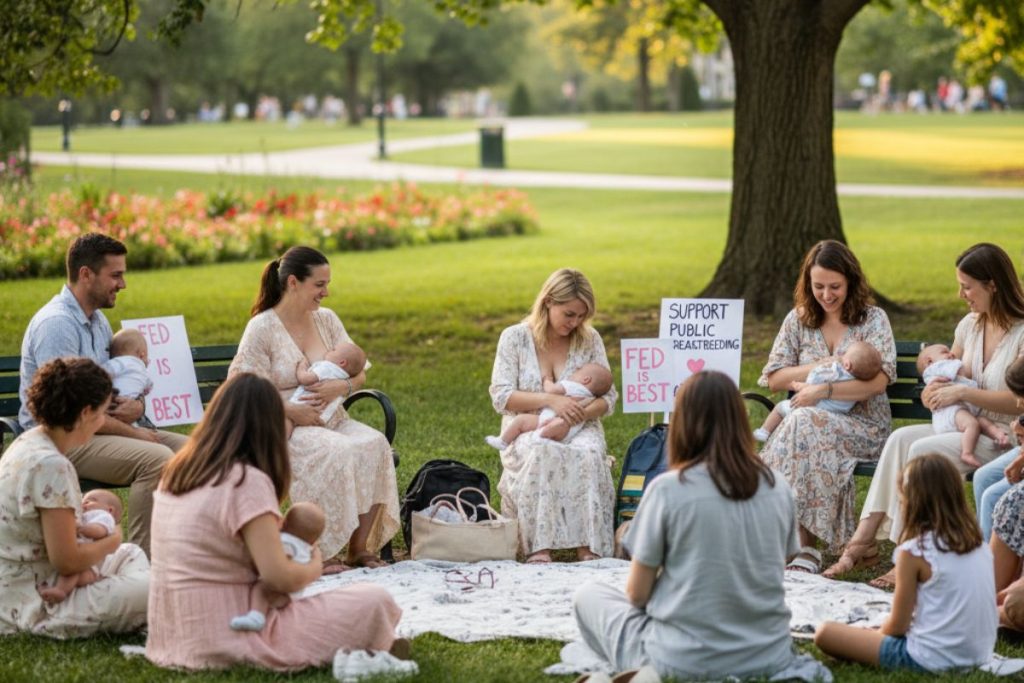 Lactancia en grupo en público en el parque