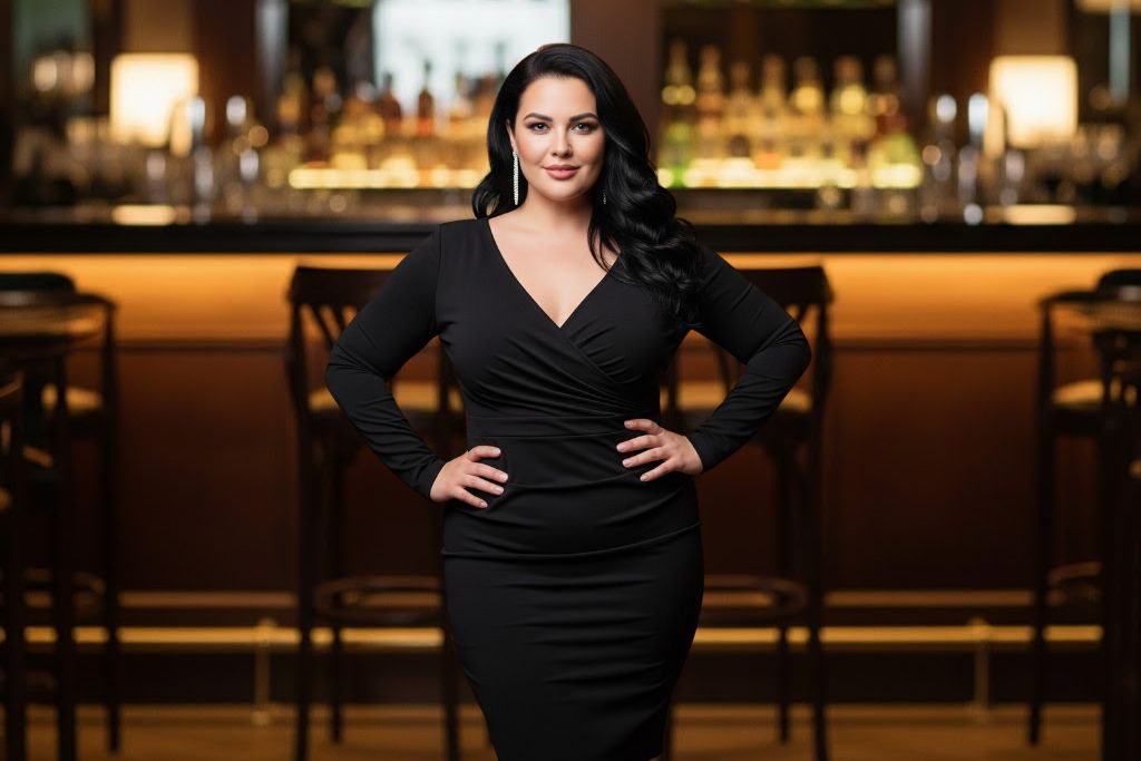 Elegante Frau im schwarzen Kleid an der Bar