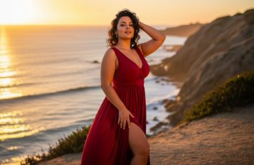 Woman in red dress on cliff at sunset