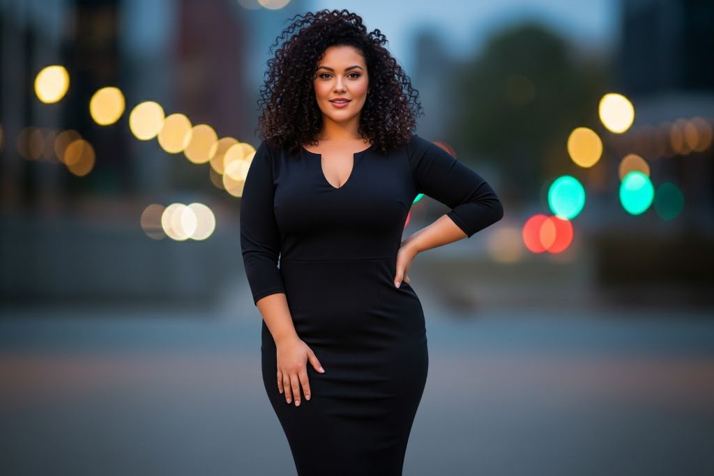 Elegante Frau im schwarzen Kleid in der Stadt