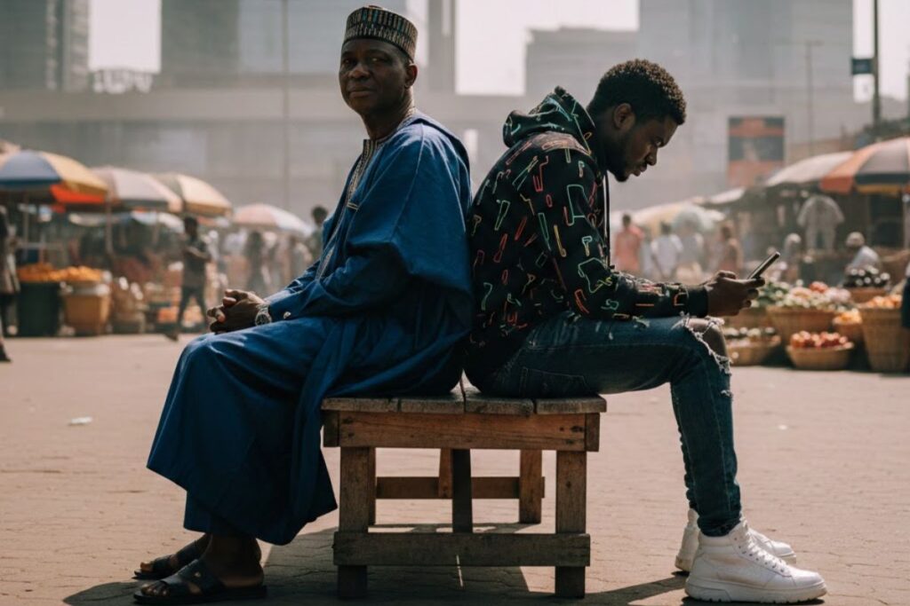 Dos hombres sentados en el mercado, uno usando un smartphone