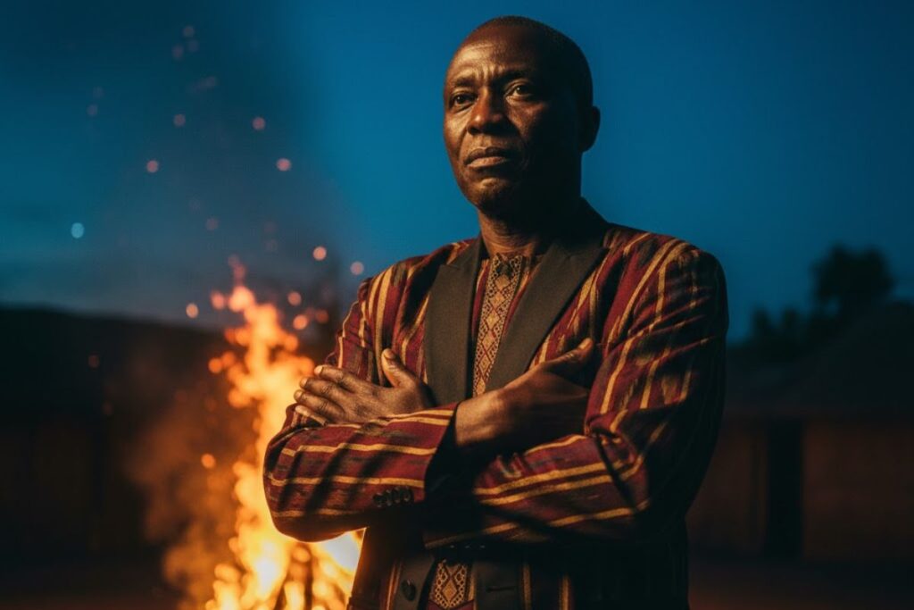 Hombre africano serio delante de una luz nocturna