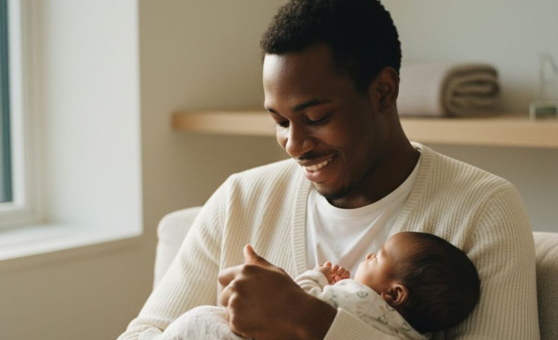 Un padre sonriente con su recién nacido en brazos