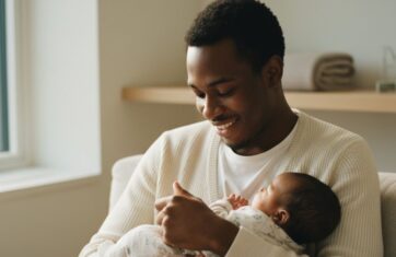 Padre sorridente con in braccio il suo neonato