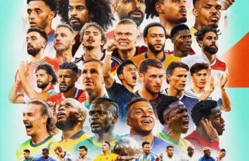 Collage of soccer players around the World Cup trophy