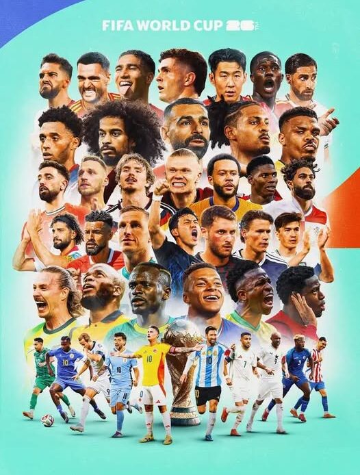 Montage joueurs football autour trophée Coupe du Monde